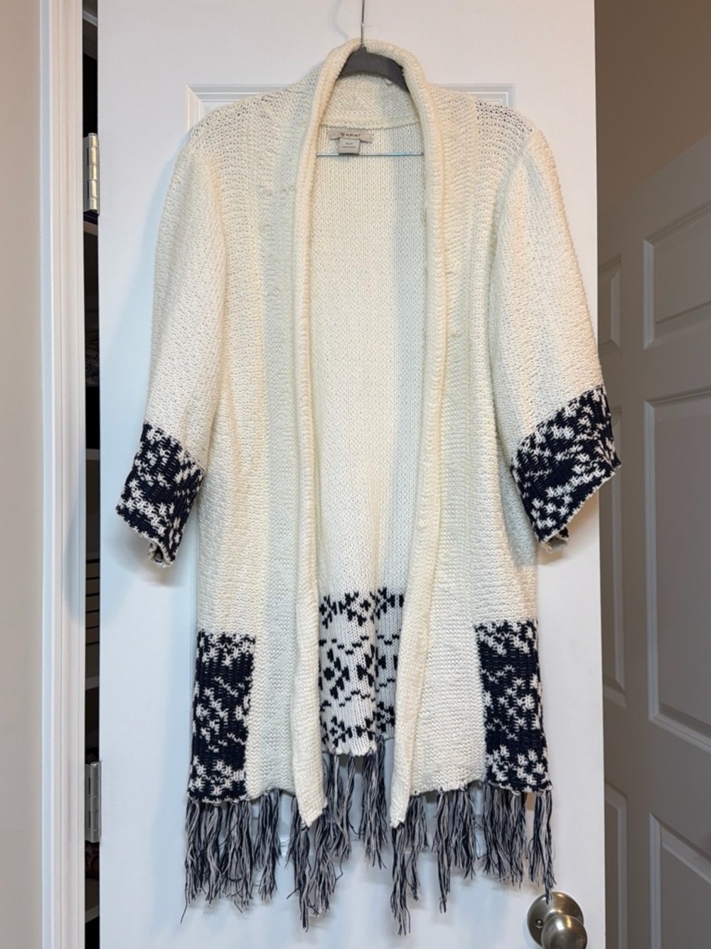 Ariat Cream Open Cardigan with Navy Patterned Trim and Fringe